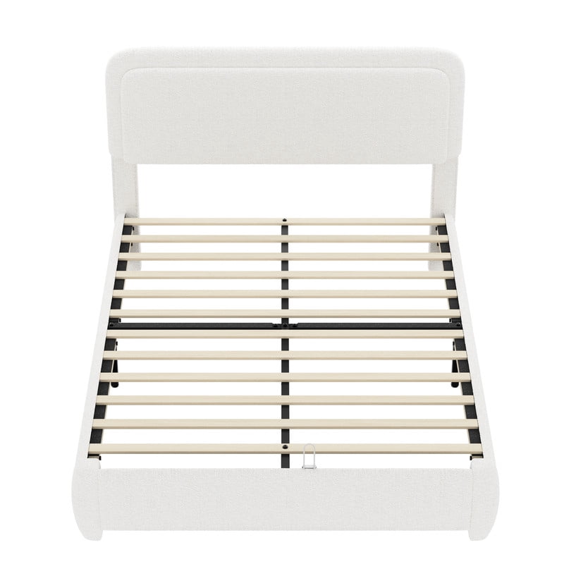 Queen Size Boucle Upholstered Bed Frame with Adjustable Height Headboard, Low-Profile Platform Bed with Mattress Anti-Slip Holder
