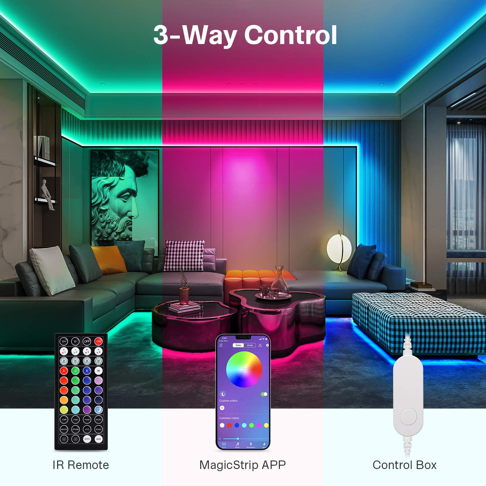 TASMOR 10M LED Strip Light, RGB Color Changing USB Light Strips with  Remote, Music Sync, App Control, LED Lights 
