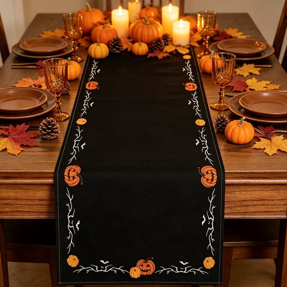 Autumn Harvest Pumpkin Table Runner For Dining Table Decor Thanksgiving 72x13 Inches Black