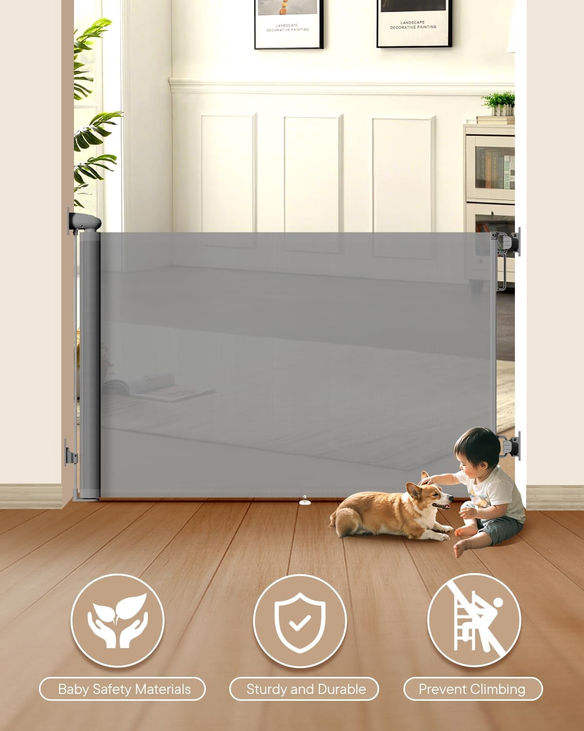 UniVerse Retractable Baby Gate, for Stairs 55" Wide Mesh Dog Gate Indoor, Two-Step Safety Lock, 34" Tall Child Gate for Doorways, Hallways, Deck, Indoor Outdoor Garage Gray