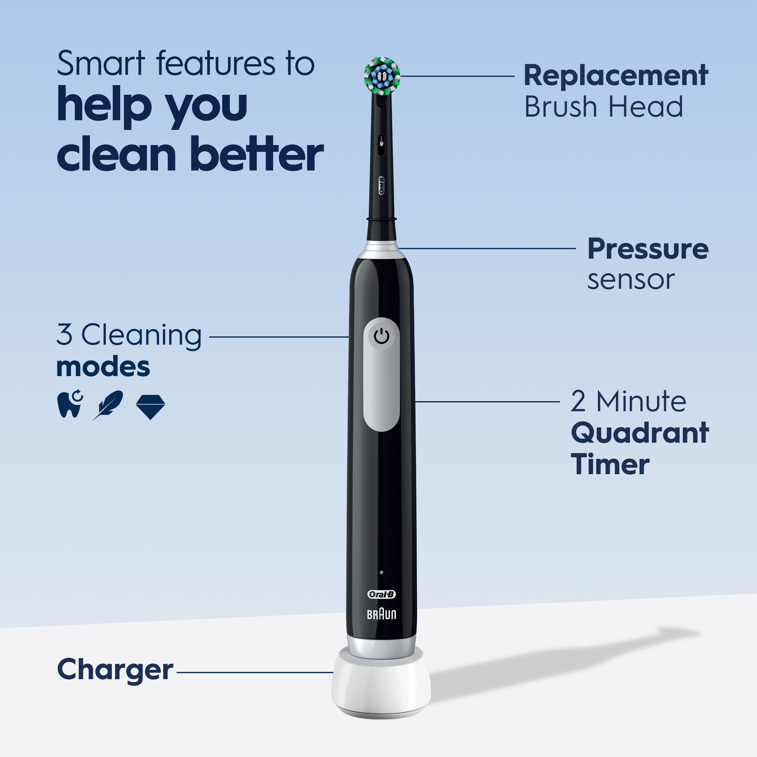 Oral-B Pro 1000 Electric Toothbrush with (1) Brush Head, Rechargeable, Black, for Adults & Children 3+ - image 2 of 7