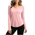 thumbnail image 2 of Women Tops V Neck Loose Fit Solid Color Pullover Top Sporty Long Sleeve Shirt with Curved Hem for Yoga Fitness Daily Outing Wear, 2 of 7