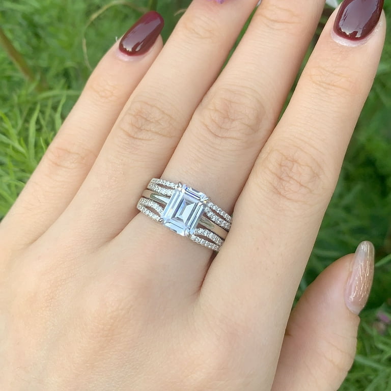 Wuziwen 3Ct Emerald Sterling Silver Bridal Ring Enhancer Engagement Rings Wedding Ring Set for Women CZ Size 8