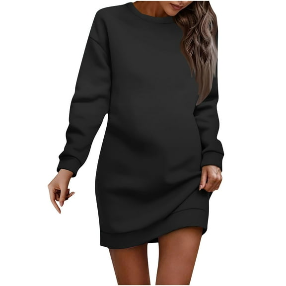 Womens Plain Dresses Women's Solid Color Casual Trendy Cute Comfy Soft Loose Flowy Round Neck Long Sleeved Ruched Medium Long Sundresses Black M-3XL