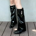 thumbnail image 2 of Slouchy Knee High Fold over Boots for Women 2025 Lock Leather Pointed Toe Stiletto Wide Calf Tall Boots, 2 of 7
