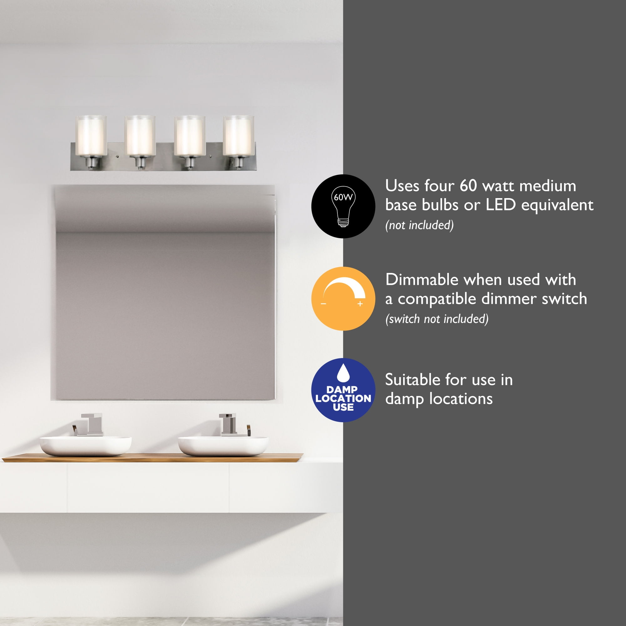 Design House Oslo Traditional 4-Light Indoor Dimmable Bathroom Vanity Light, Satin Nickel