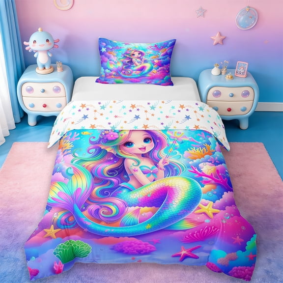Erosebridal Colorful Mermaid Fishtail Twin Bedding,Watercolor Ocean Coral Duvet Cover Set For Girls 2pcs,No Comforter,Reversible