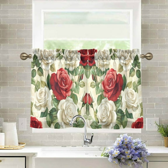 Wobogo Red White Rose Pattern Kitchen Curtains 2 Piece Set Farmhouse Country Style Light Filtering Small Window Drapes Suitable for Bathroom Laundry Room and RV 27x24in