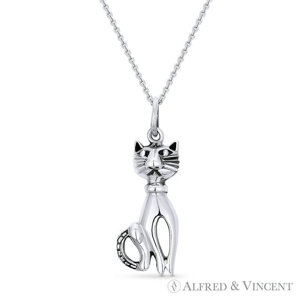 Cat Animal Charm Pendant & Cable Chain Necklace in .925 Sterling Silver