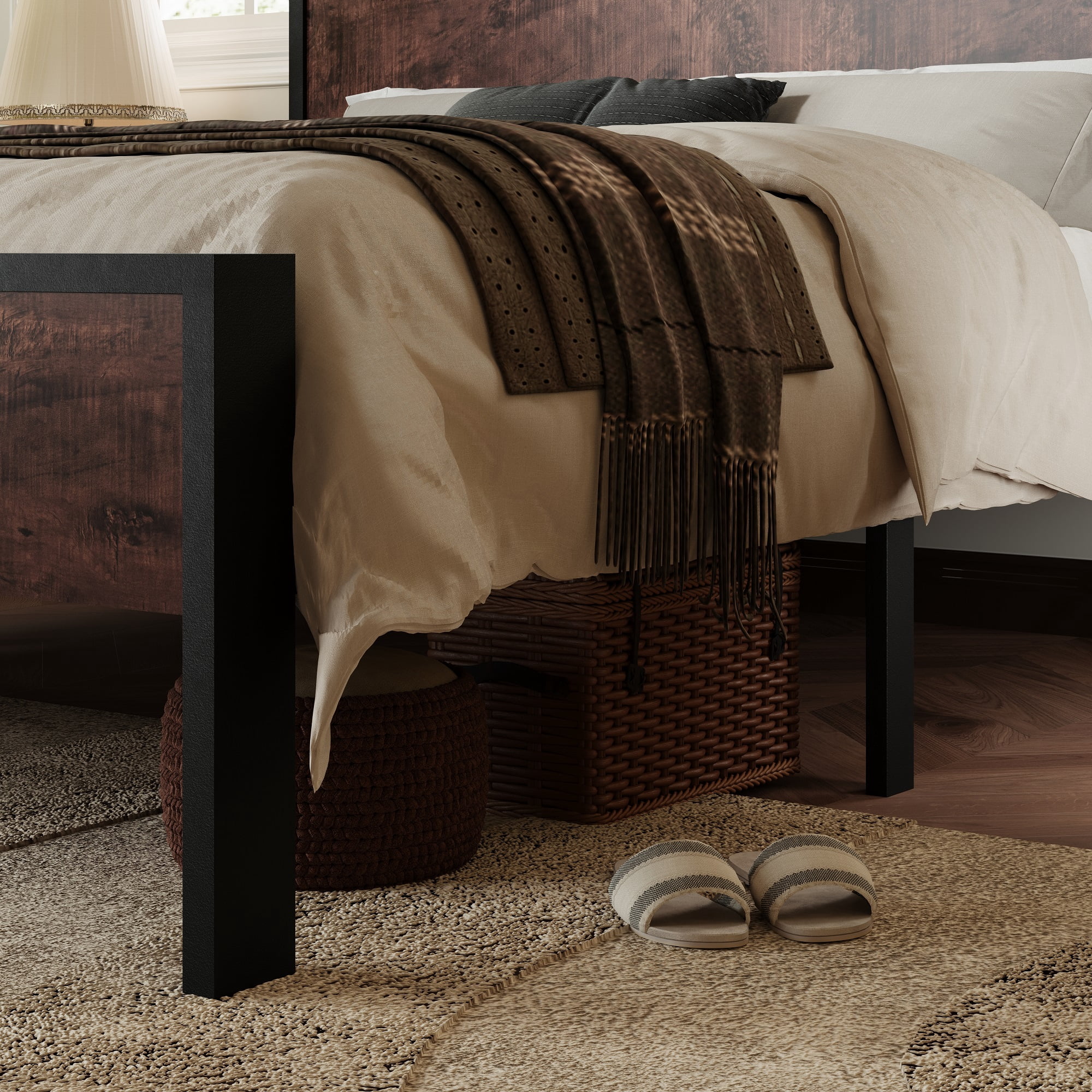 Allewie Queen Size Bed Frame, Heavy Duty Metal Platform Bed with Wooden Industrial Headboard & Footboard, No Box Spring Needed, Mahogany