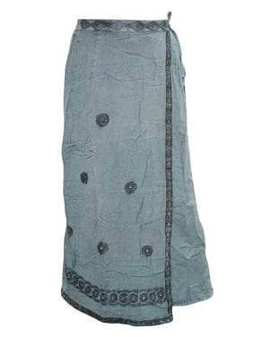 Mogul Women's Stonewashed Long Skirt Blue Embroidered Rayon Skirts