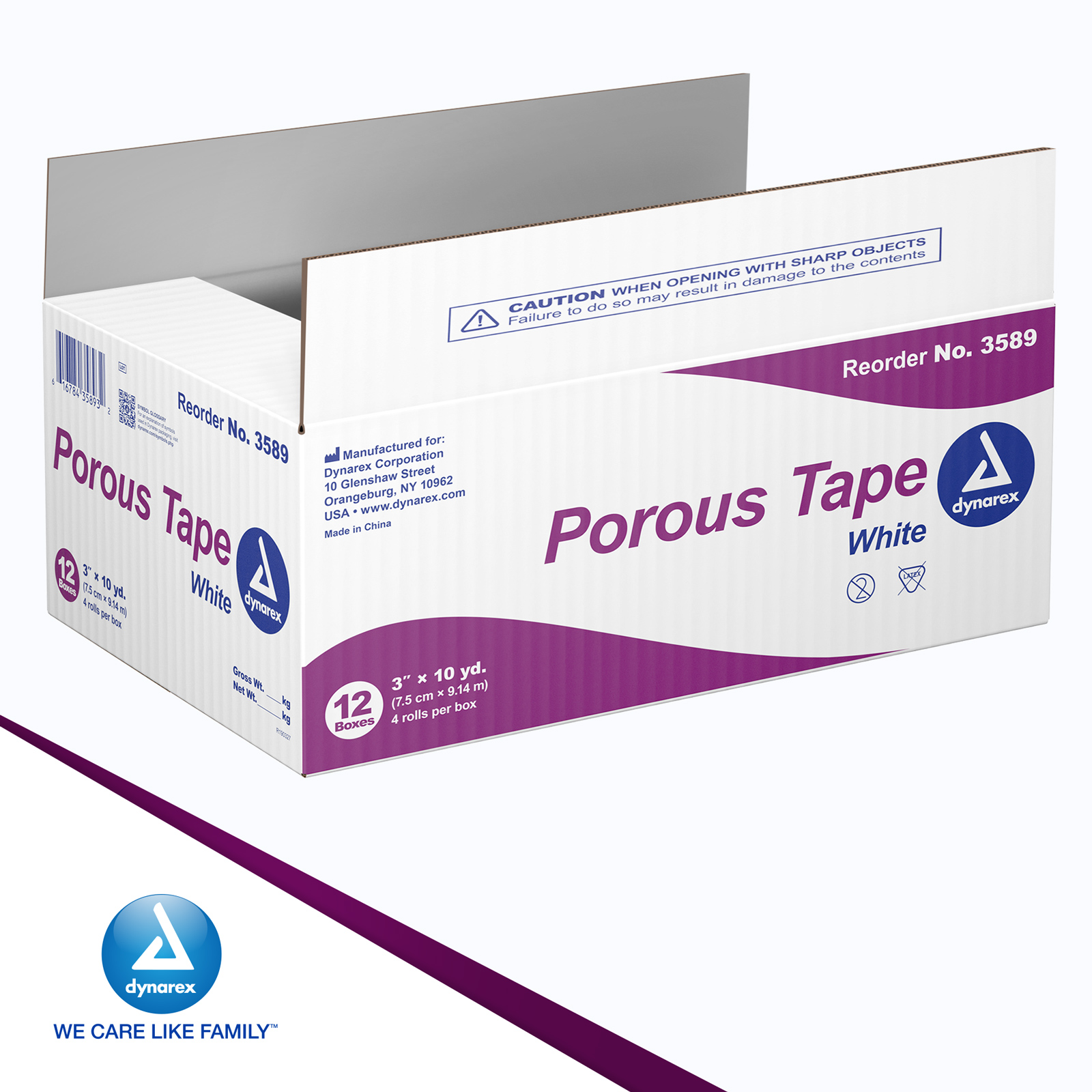 Dynarex Porous Tape - Medical Tape for Wound Care - Non Sterile, Easy to Tear Adhesive Fabric Tape, No Natural Rubber Latex - White, 3" x 10 Yards Per Roll, 1 Case - 48 Rolls