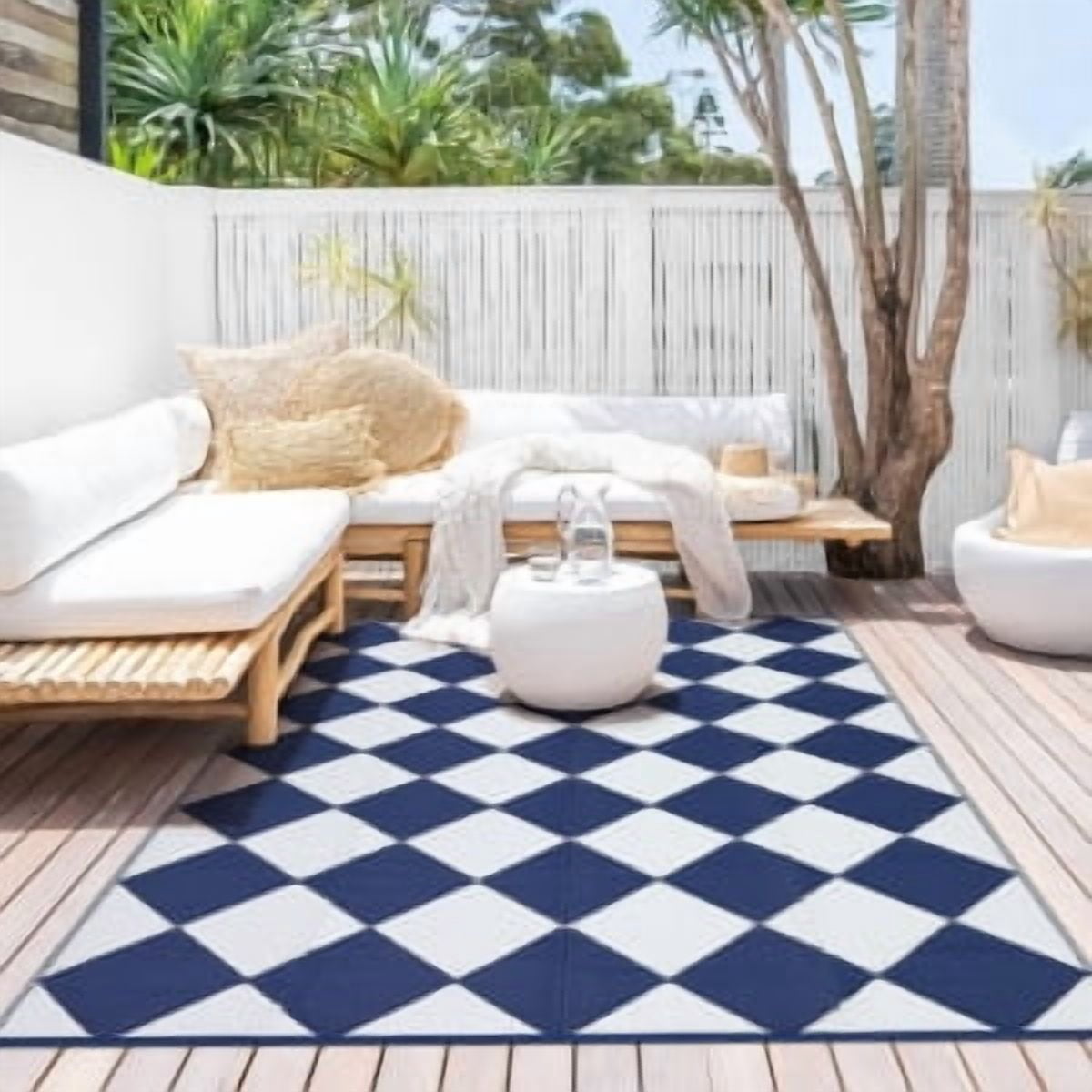 Danolapsi 8x10 Outdoor Rug Waterproof Reversible Outdoor Plastic Straw Rug with 4 Stakes & Portable Bag Boho Patio Rugs Carpet RV Mat Easy to Clean Checkered Floor Carpet for Patio Camp Balcony Deck