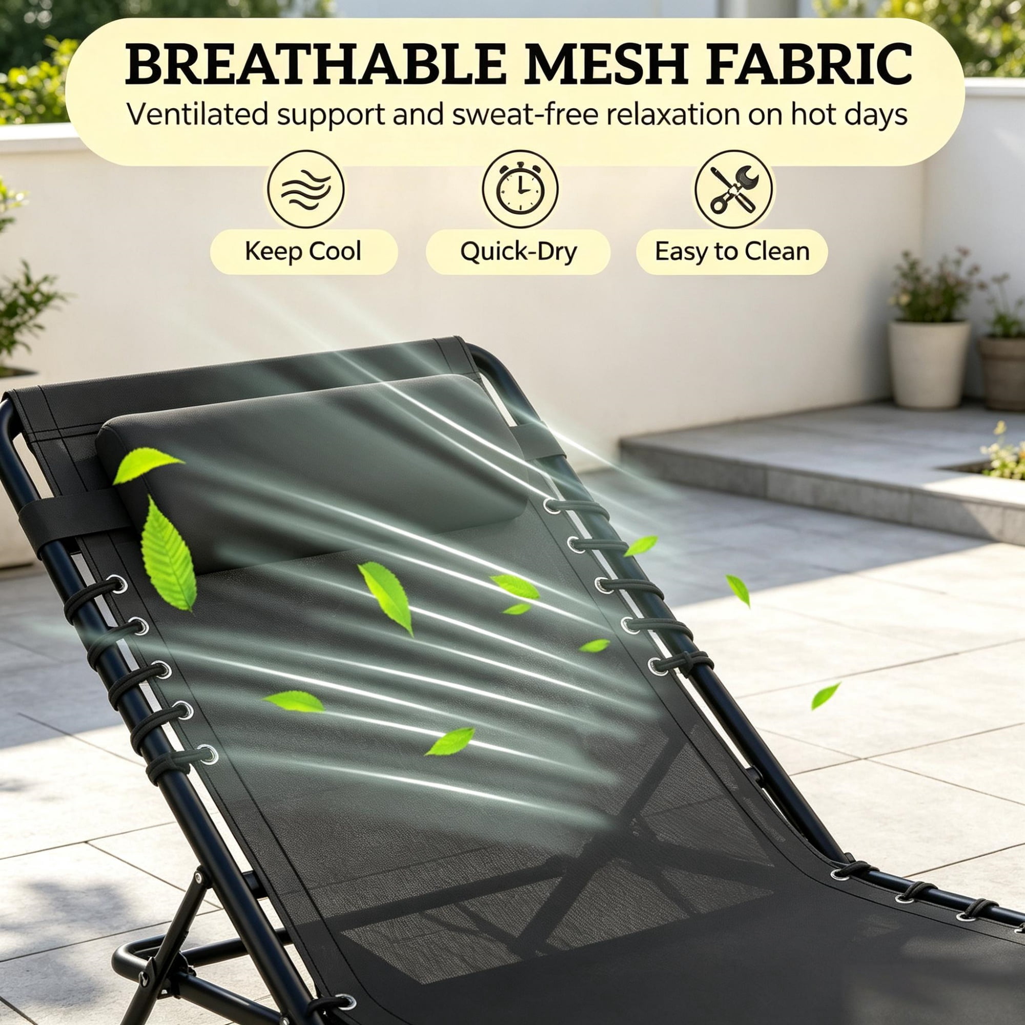 Folding Chaise Lounge Pool Chair for Poolside Sunbathing, 4-Position Reclining Back, Pillow, Breathable Mesh & Bungee Seat, Black