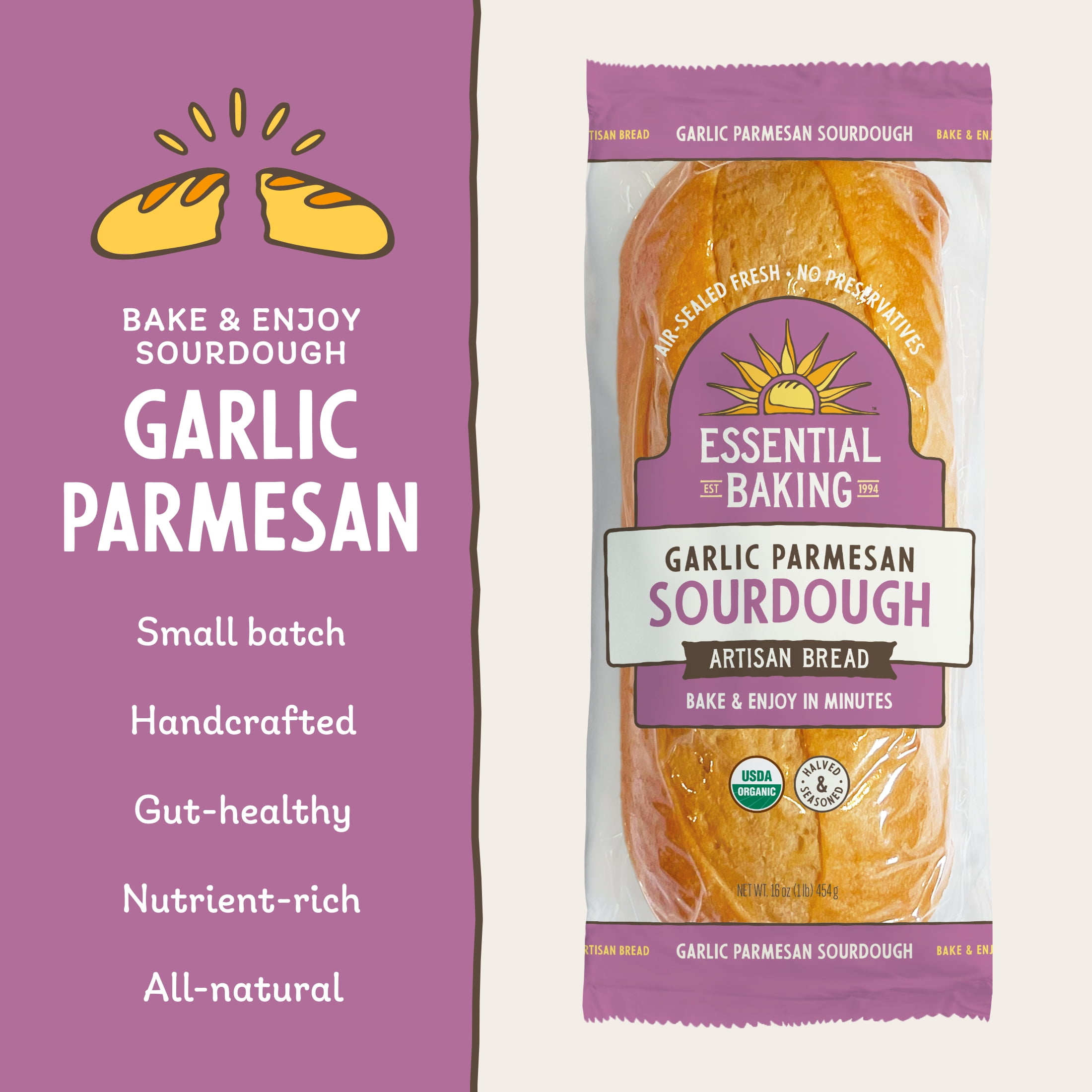 Essential Bake at Home Garlic Parmesan Bread, Certified Organic, Shelf-Stable, 16 oz, 4 Pack