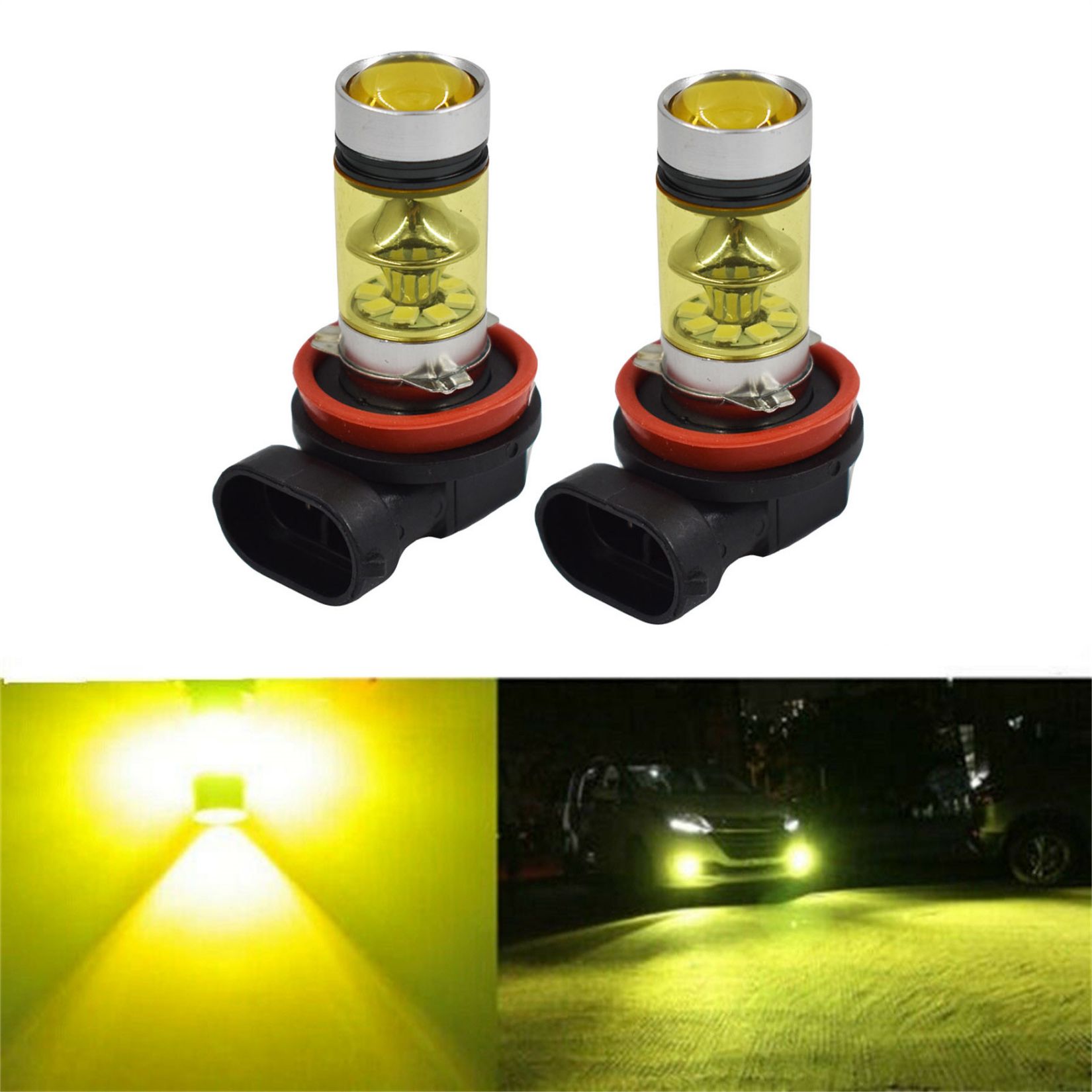 H8 LED Fog Lights H1 H9 100W High Power Yellow Driving Bulbs DRL (2 Pcs ...
