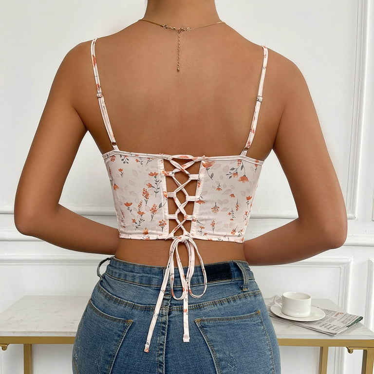 YYDGH Bustier Tops for Women Floral Print Corset Top Spaghetti Strap Open  Back Boned Corset White S