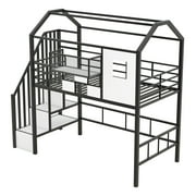 Euroco Twin Loft Bed with Cabinet, Solid Metal House Bed for Kids Teens, Black