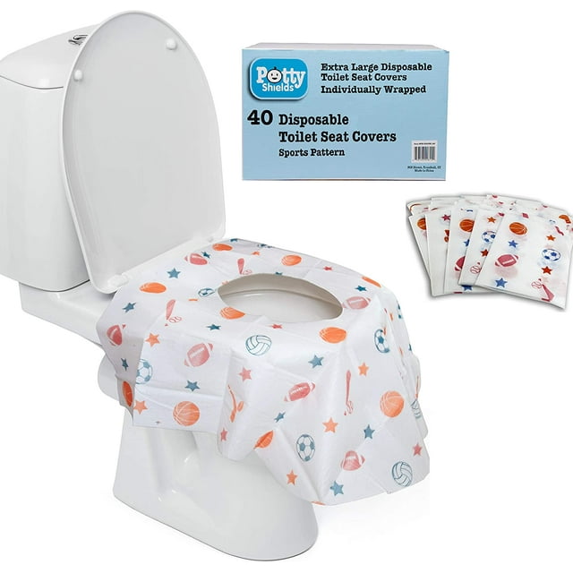 Disposable Toilet Seat Covers for Kids & Adults, 40 Pack - Protect from Public Toilets While Potty Training & More - Extra Large, Weatherproof, Portable, Individually Wrapped - Blue/Sports