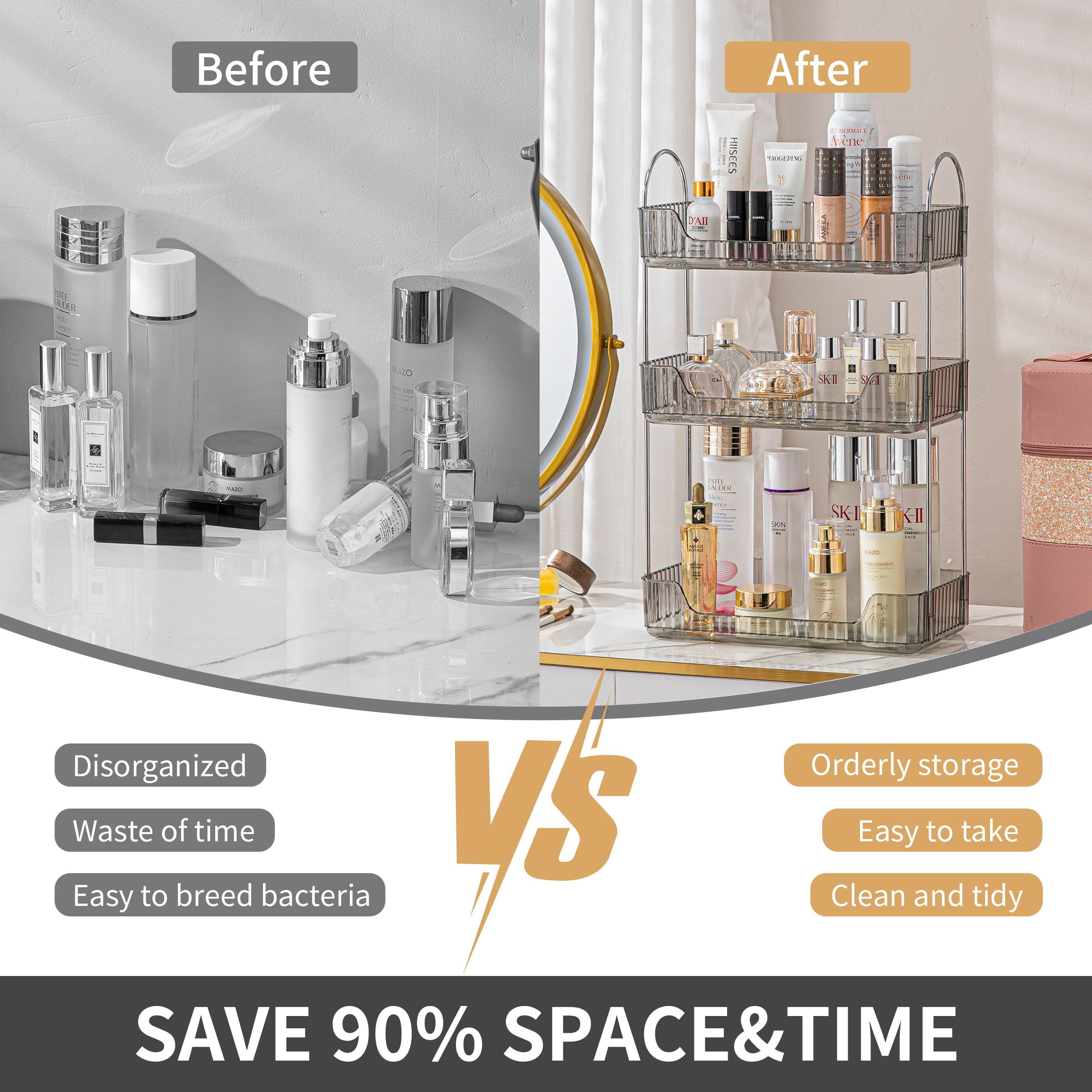 3 Tier Bathroom Organizer Countertop Makeup Perfume Tray Skincare Organizer for Bathroom Dresser Vanity (Grey)