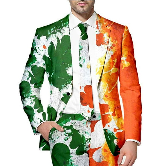 JHLZHS Mens Suit Jackets Casual White Mens St Patrick's Day Festive Style All over Printed Four Leaf Jacket Suit Mens Suit Slim Fit 2 Piece Suit Jacket for Men
