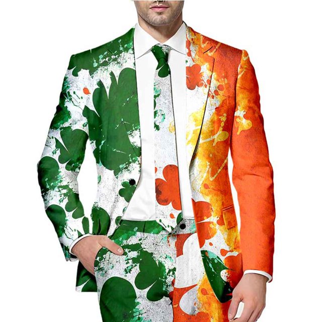 toraway Men Suits Sets for Wedding Casual Mens St. Patrick's Day Festive Style All Over Printed Four Leaf Jacket Suit XL