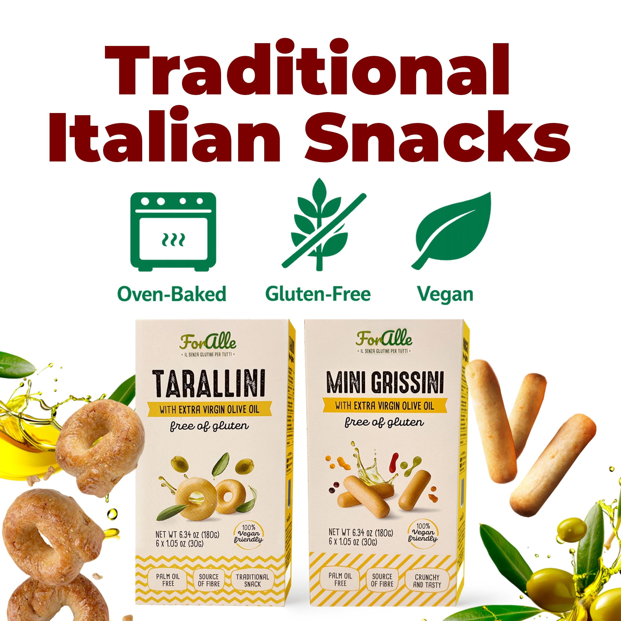 For Alle Gluten-Free Tarallini and Mini Grissini Bundle, Set of 2 – Traditional Italian Pugliese Snack with Extra Virgin Olive Oil. Oven-Baked. Vegan. Cholesterol-Free