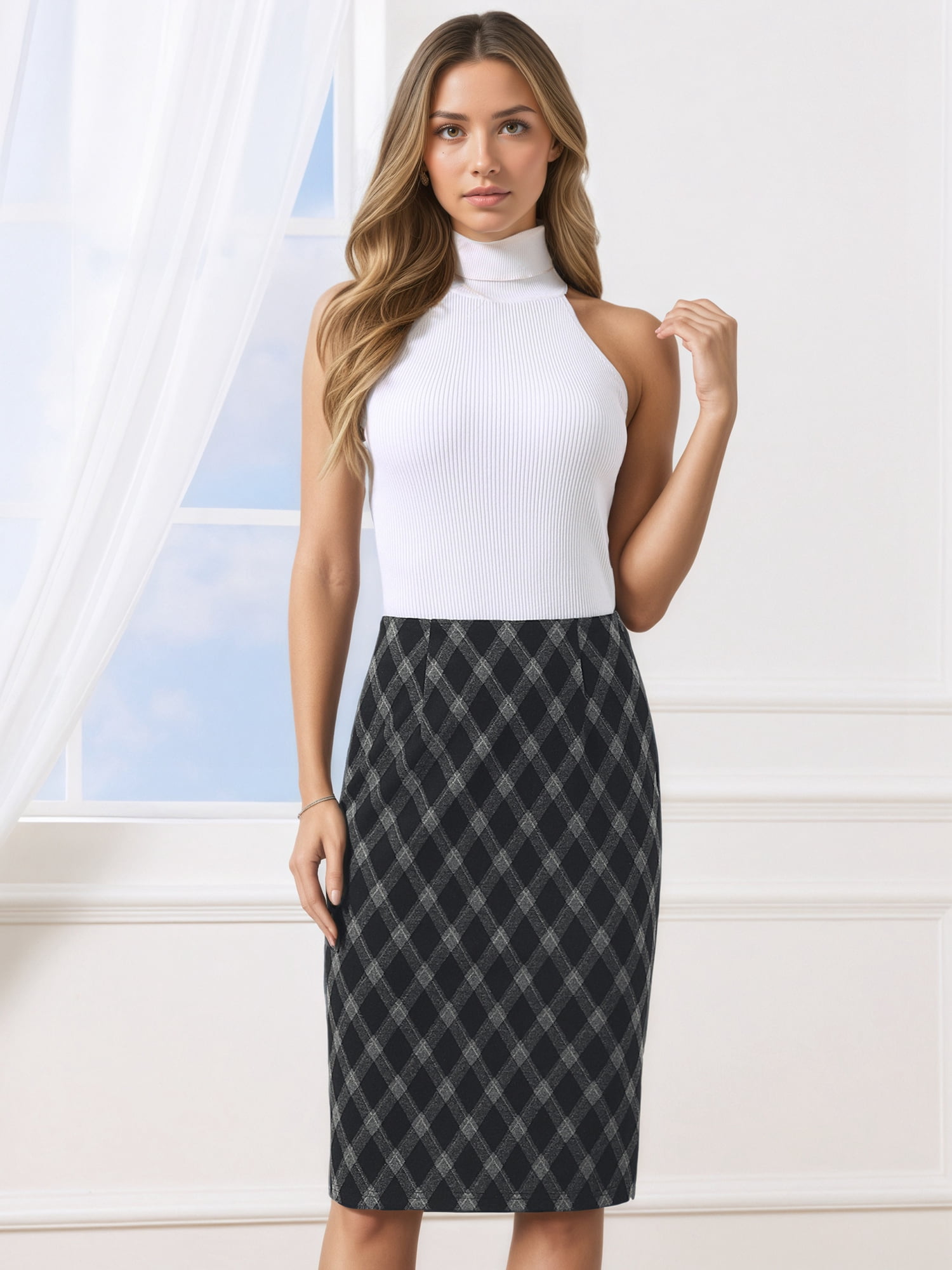 DARING DIVA Women's Preppy Knee Length High Waisted Bodycon Pencil Skirts XL Black