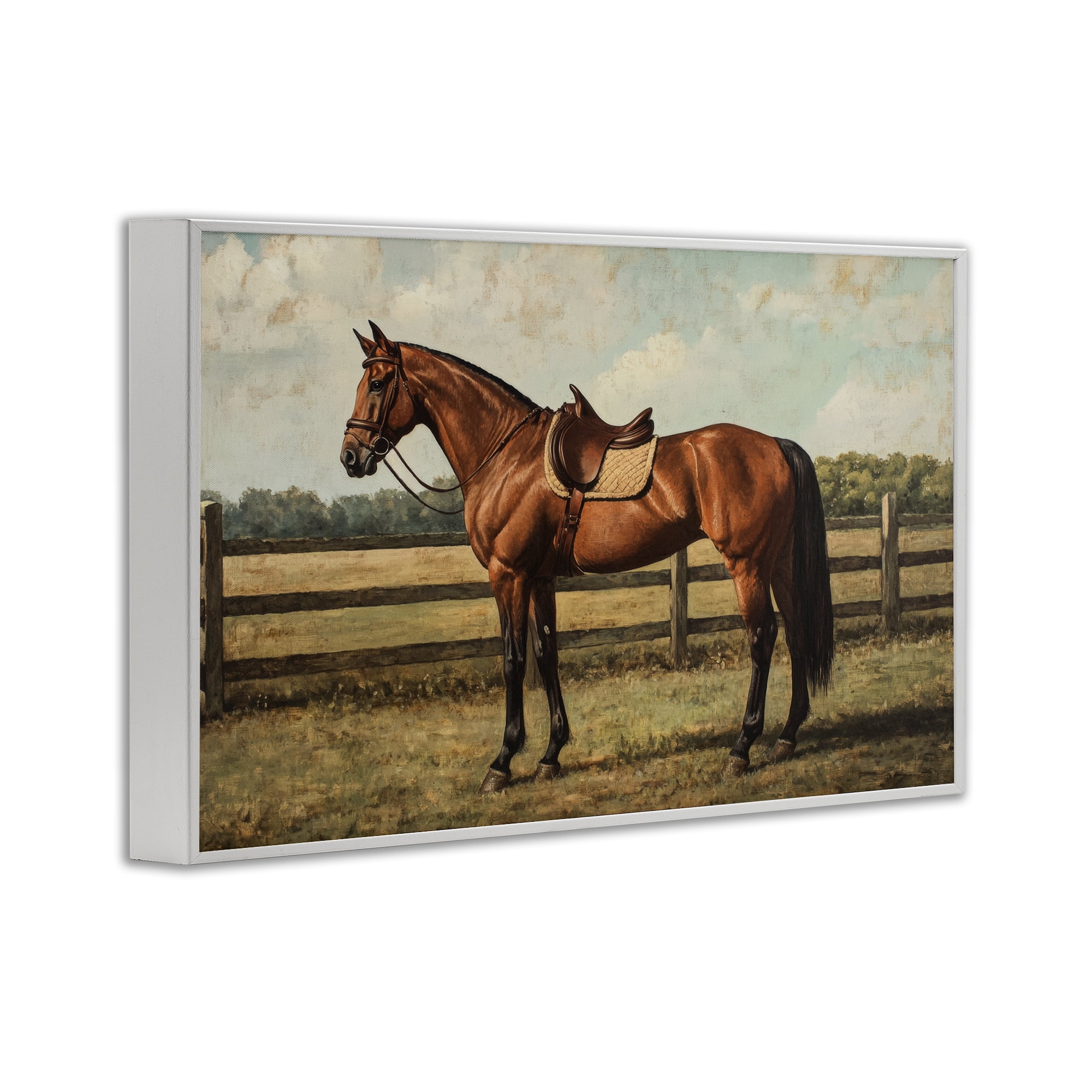 Stupell Industries Chocolate Stag Saddled in Pasture White Framed Giclee Art, design by Petal Prints Design