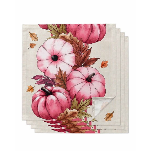 Pink Pumpkins Fall Cloth Napkins Set of 4 Reusable Dinner Napkins, Thanksgiving Botanical Leaves Beige Cocktail Napkin Washable Table Napkins for Wedding/Holiday Party/Baby Shower 20"x20"