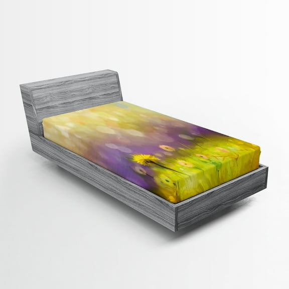 Ambesonne Floral Fitted Sheet, Yellow Dandelion Field, Twin Size, Purple Green