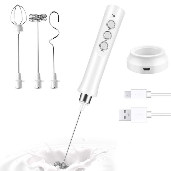 Milk Frother, USB Rechargeable, 3-Speed Adjustable, Handheld Electric Foam Maker with 2 Stainless Whisks, Egg Beater Mini Blender Drink Mixer for Coffee, Cappuccino, Latte, Hot Chocolate, Eggs Mix