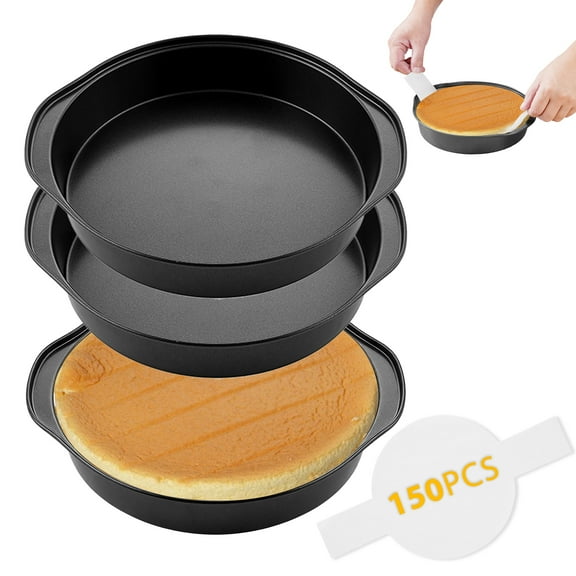 Lumikrypt 8 Inch Round Cake Pan Set of 3, Nonstick Circle Cake Pan with 150 Pieces Parchment Paper, Nonstick Durable Steel Baking Cake Pans with Handle, Dishwasher Safe