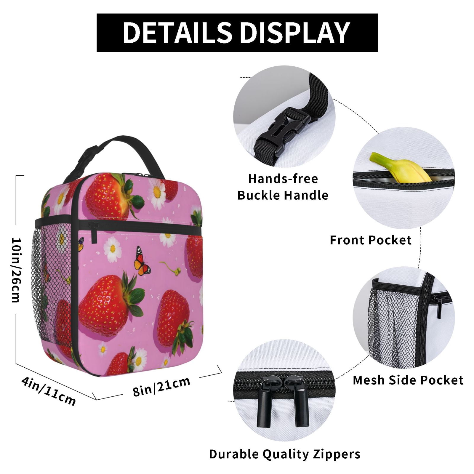 Lunch Bag For Women Men Insulated Portable Lunch Box Bento Box Office Picnic Travel Cooler Bag Fresh Strawberrie