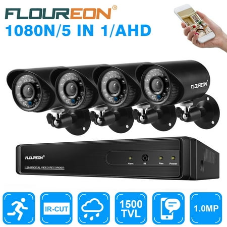 FLOUREON 8 Channel CCTV Security Camera System 1080N HD DVR Recorder and 4x720P(1500TVL) Night Vision Indoor/Outdoor Weatherproof Surveillance Bullet