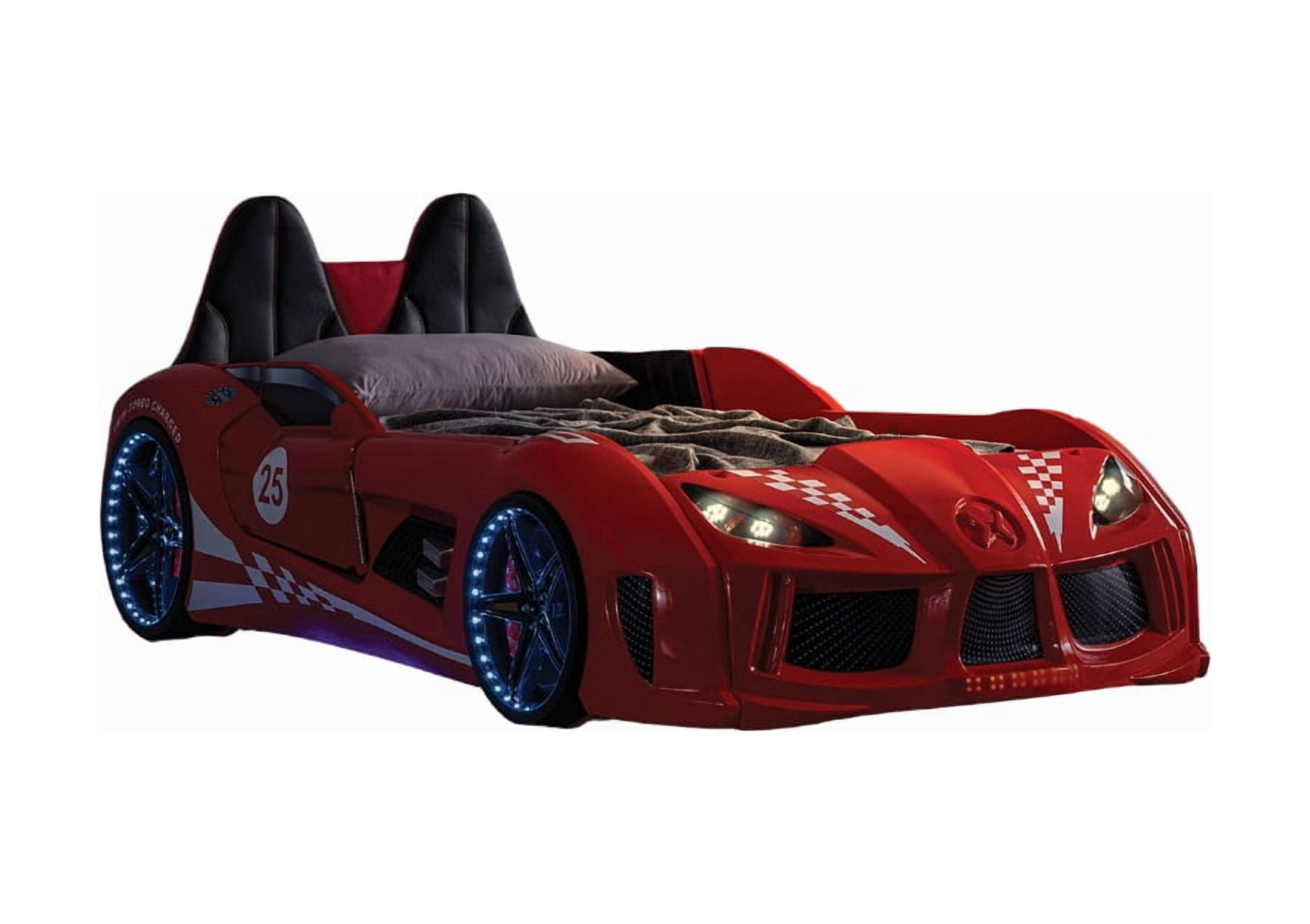 Red Finish Twin Size Race Car Design Bed Modern Novelty Style Attached Two Magnetic Doors With LED Lights On Wheels Bottom Upholstery HB And Sides