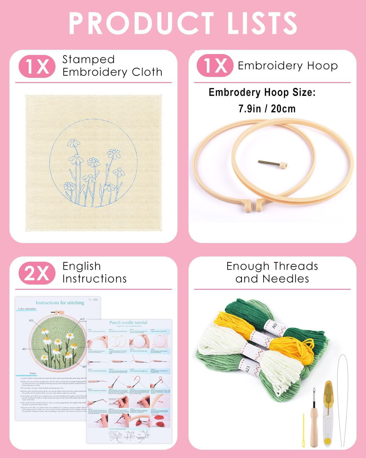 Punch Needle Kit, Daisy Punch Embroidery Kits for Adults Beginner, Tool with Punch Needle Fabric, Hoops, Yarns and Sewing Needles