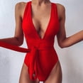 thumbnail image 4 of ENJOYW Women Bikini Solid Color Deep V Neck One Piece Temperament Off Shoulder Swimwear for BeachPolyester, 4 of 7