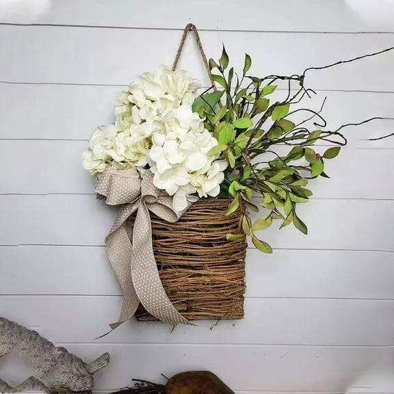LYCAQL Cream Hydrangea Door Hanger Basket Wreath,|2024 Newest Wildflowers Door Hanging Basket Wreath|Front Door Beautiful Artificial Spring and Summer Wreath Welcome Sign| (White cream)