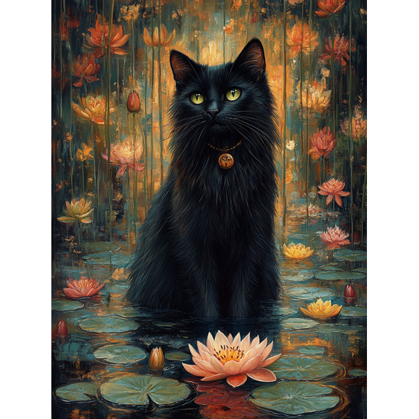Qisvanset Framed Canvas Wall Art 12x16 Inch Water Lily Pond Black Cat Fantasy Wall Art