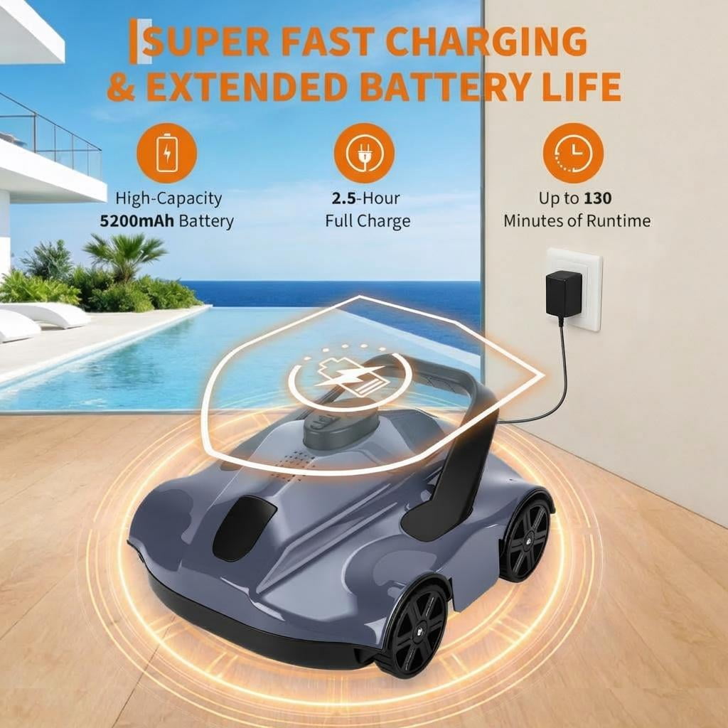 Automatic Robotic Pool Vacuum Cleaner, Electric Pool Robot with Remote Control, Powerful Debris Removal for In-Ground & Above-Ground Pools, Gray
