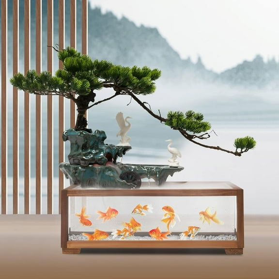 Tabletop Water Fountains Indoors with LED Light, Fake ，Rockery and Aquariums Water Fall Indoor for Living Room Office Decor (Fish Tank Size: 17.7L x 8.3W x 6H Inch