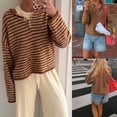 thumbnail image 2 of PUWEI Women's Casual Fuzzy Wool Blend Striped Henley Sweater Long Sleeve Half-Button Oversized Knit Pullover Soft Brushed Loungewear, 2 of 7
