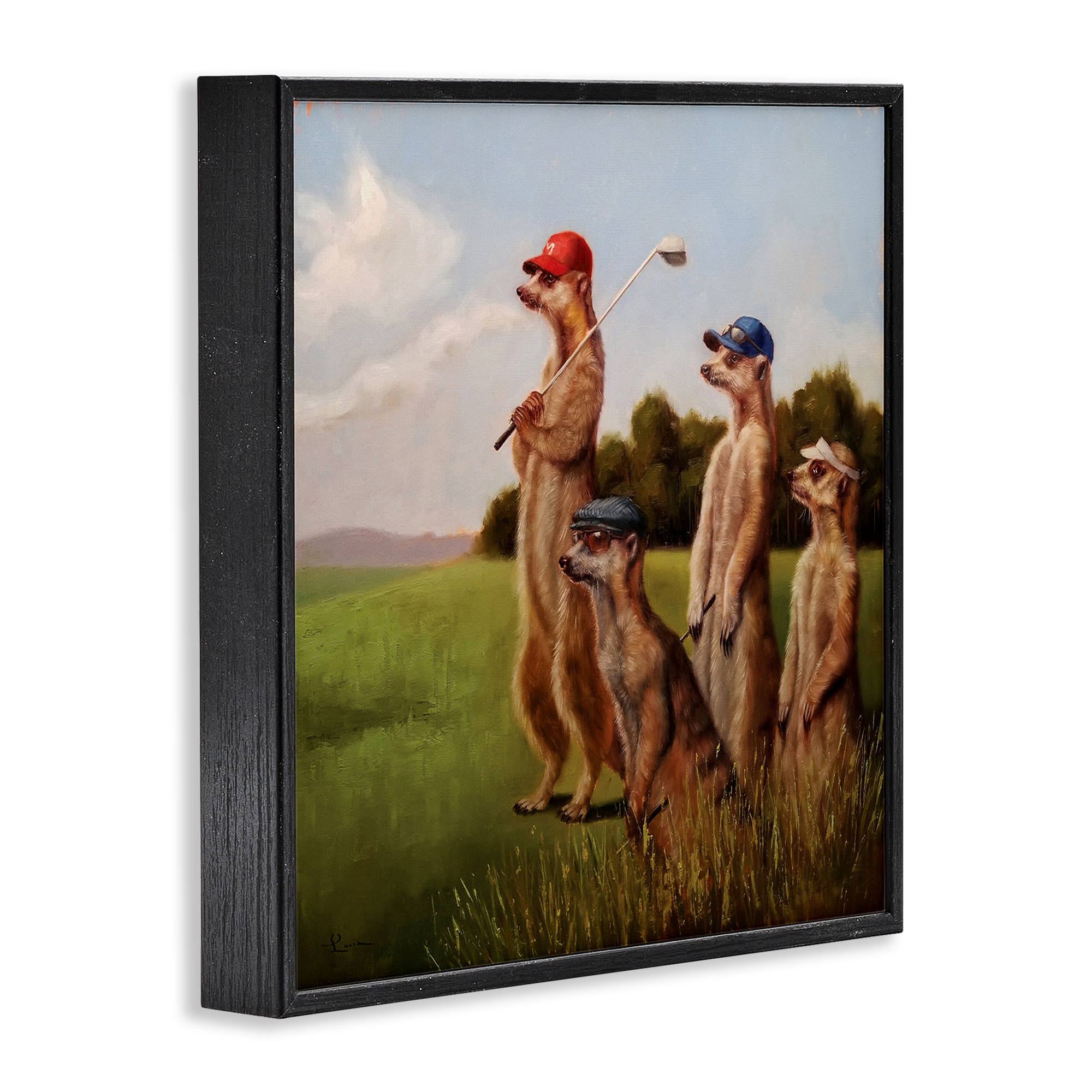 Stupell Industries Meerkats Playing Golf Animals & Insects Painting Black Framed Art Print Wall Art, 17 x 17