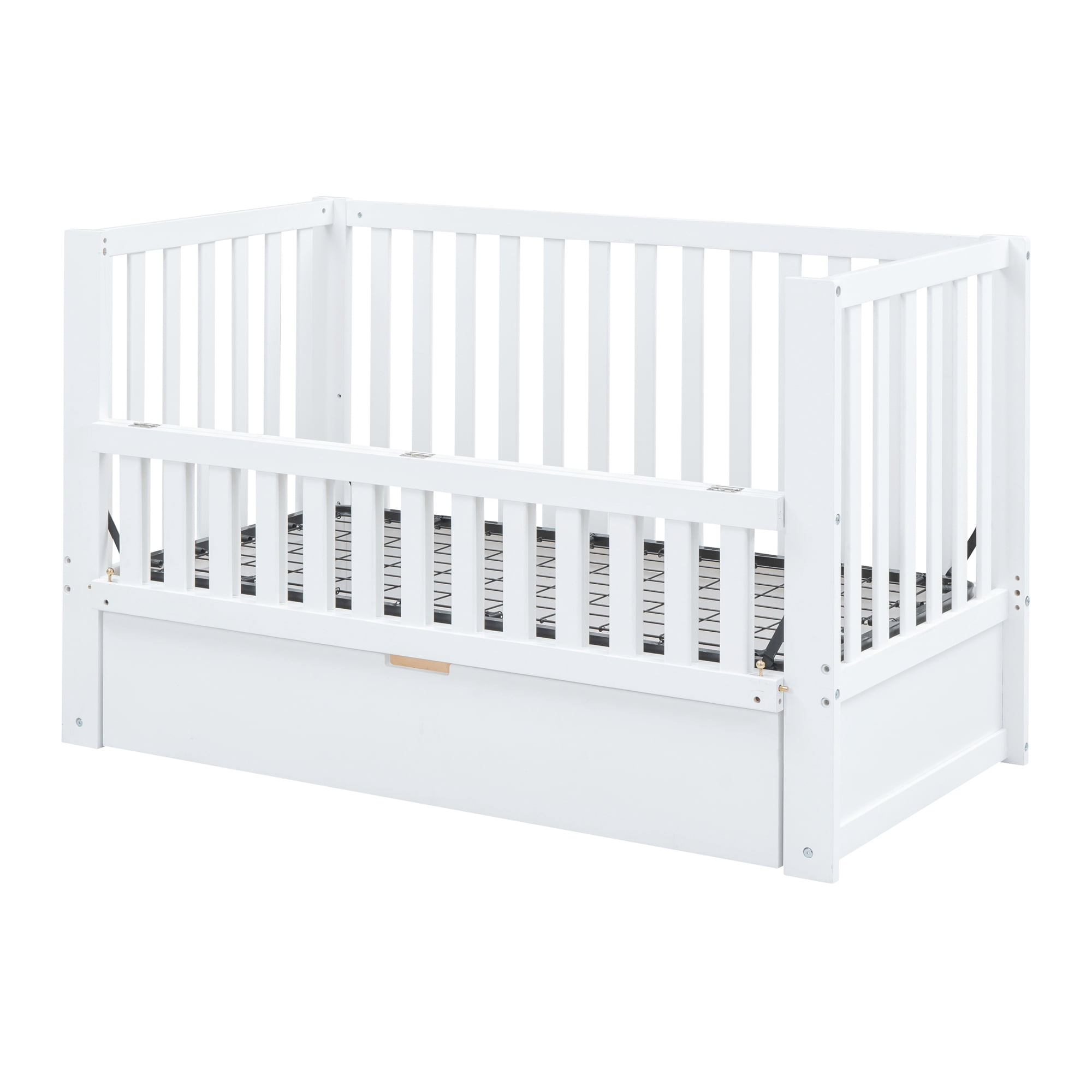 Euroco 4-in-1 Convertible Crib, Baby Crib with Drawers, Crib to Full Size Platform Bed, Wood and Metal, White
