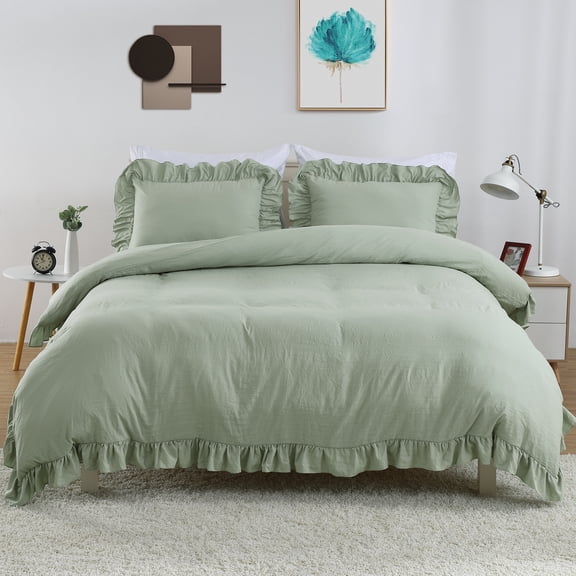 TEQIN Bedding Duvet Covers,Romantic Ruffled Duvet Cover,3 Pieces Comfort Washed Microfiber Duvet Cover Set Shabby Chic Home Bedding Duvet Covers With Button Closure