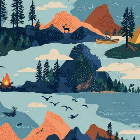 Farmhouse Peel and Stick Wallpaper 17.7in x 9.8ft Camping Landscape Mountains Pine Trees Canoe Tents Rustic Contact Paper Vinyl Self-Adhesive Removable Wall Paper for Bedroom Renter Friendly