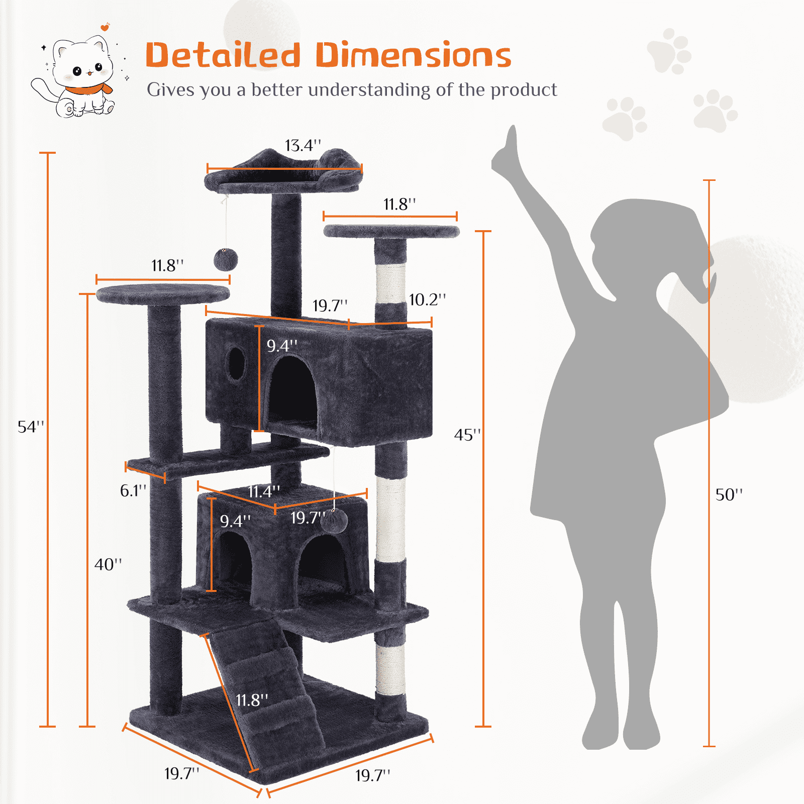 MAYEERTY 54" Cat Tree Tower Multi-Level Sisal Grab Post Indoor Apartment Ladder Plush Toys
