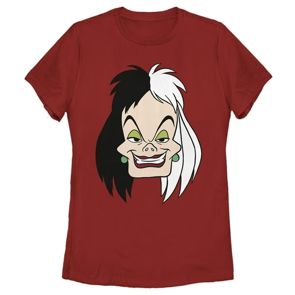 Women's One Hundred and One Dalmatians Cruella De Vil Face Portrait Graphic Tee Red 2X Large