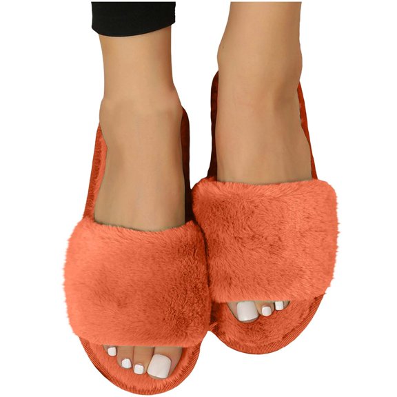 Gpaecead Women'S Fuzzy Slippers Solid Color Open Toe Polyester Plush Soft Home Slides For Winter Indoor Warm, Orange